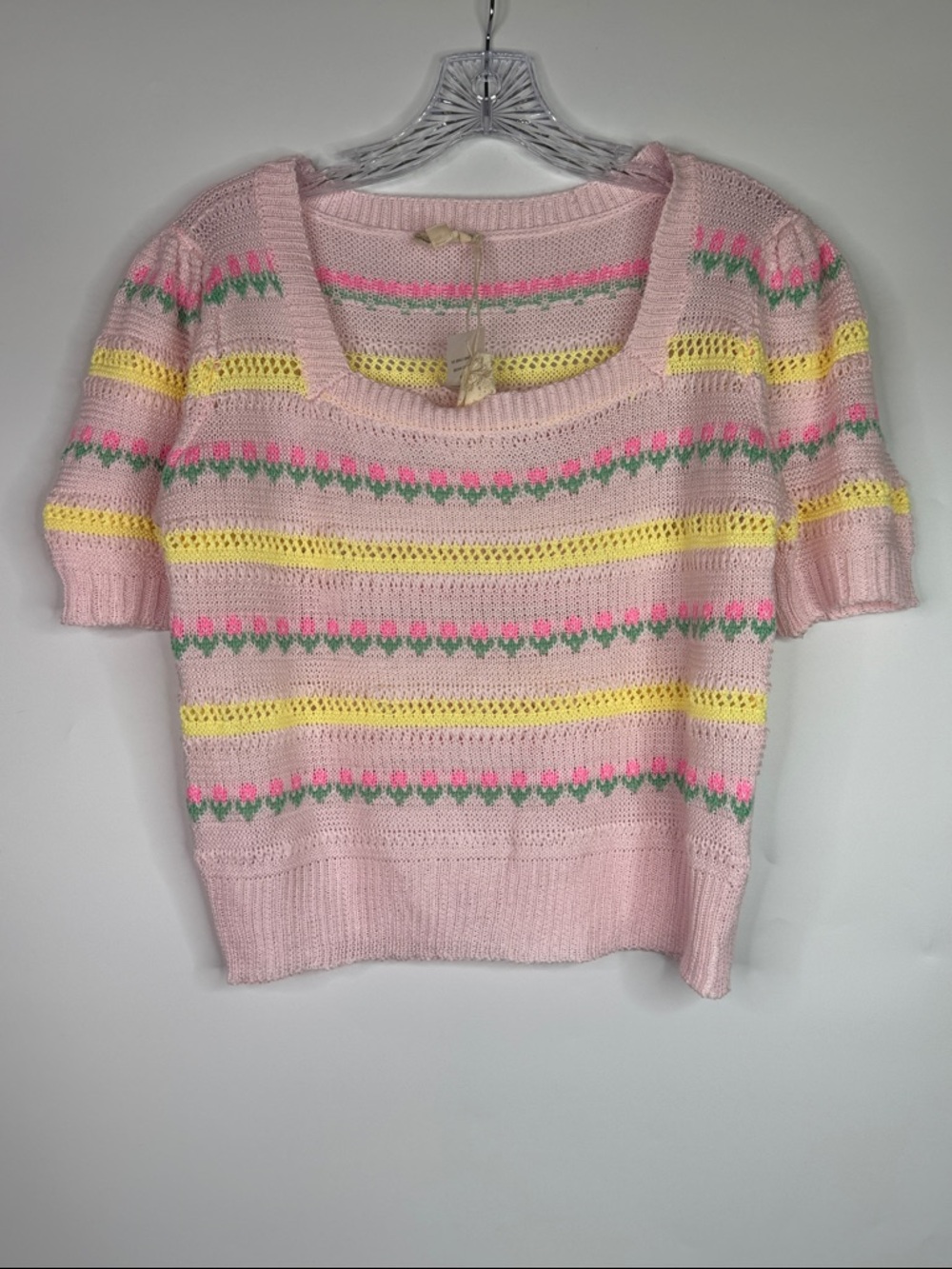 Hem & Thread Pastel Pink Floral Short Sleeve Cropped Sweater Large NWT